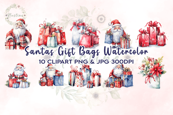 Download Santas Gift Bags Watercolor Clipart - Bags Collection