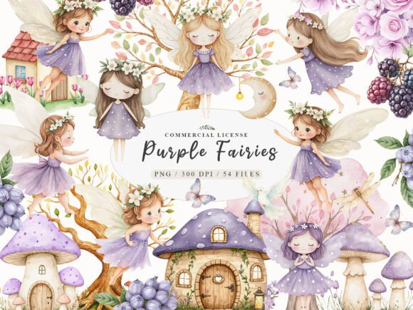 Download Watercolor Magical Garden Purple Fairies - Magic Collection