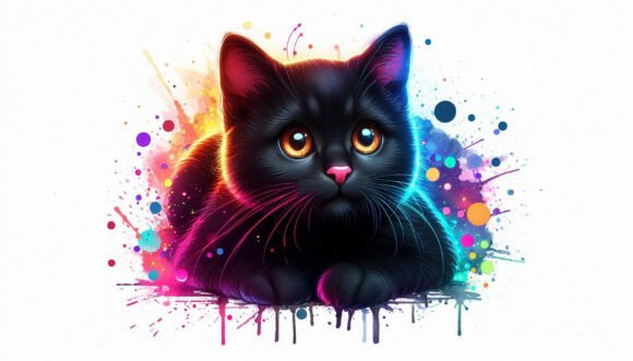 Download Curious Black Cat with Neon Splashes in - Black Collection