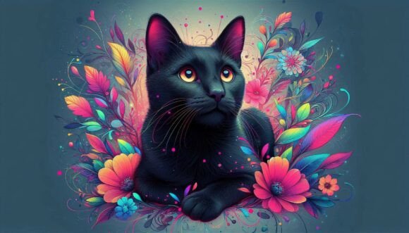 Download Curious Black Cat with Neon Splashes in - Black Collection