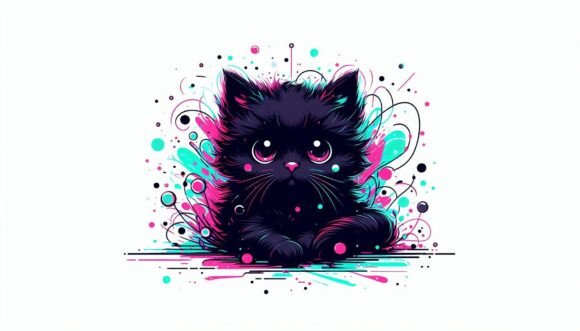 Download Adorable Black Kittenwith Neon Splashes - Black Collection